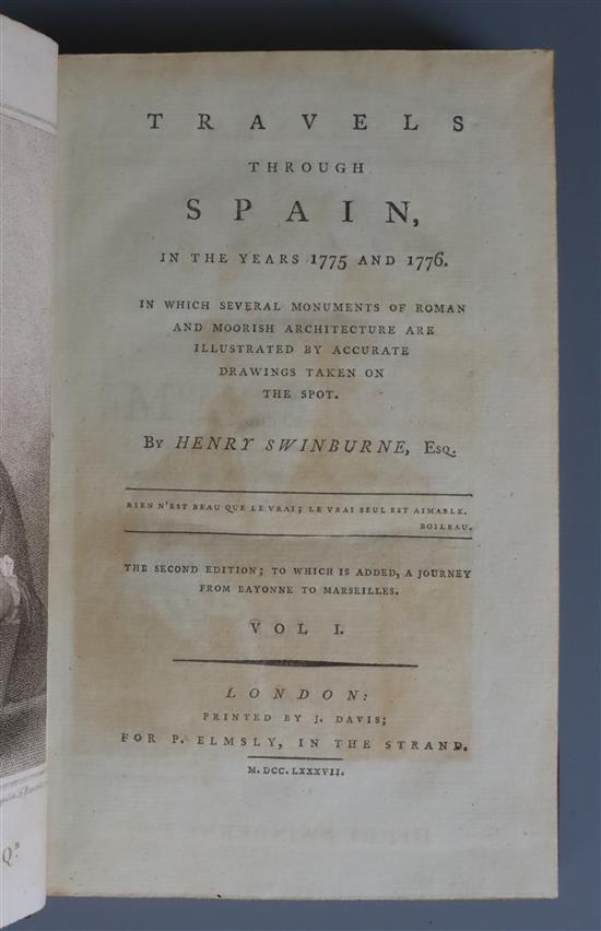 Swinburne, Henry - Travels Through Spain, 2nd edition, 2 vols, 8vo, calf, with portrait, 2 folding maps, 9 (of 10) folding plates,
